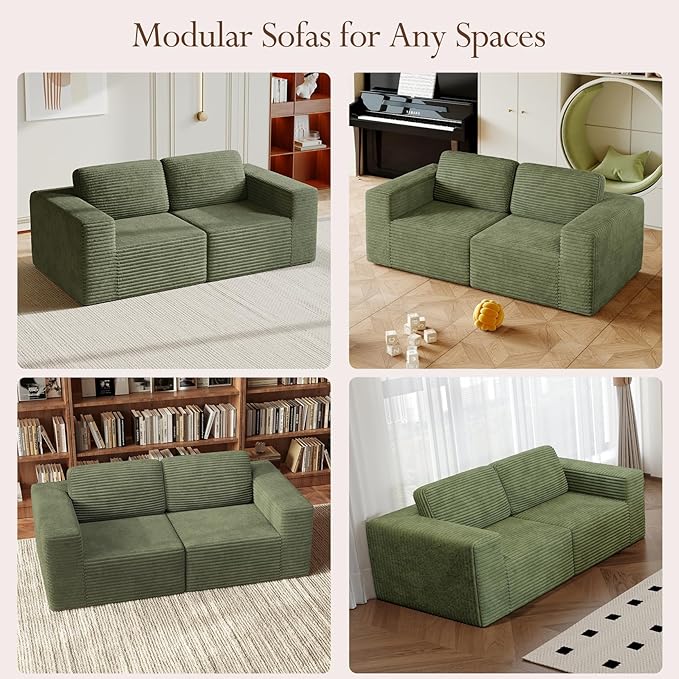 Vesgantti 80" Modular Sectional Sofa, Corduroy Cloud Couch with Deep Seating & Spring Support, 2 Seater Compact Modular Couch, Boneless Sectional Sofa for Small Spaces, No Assembly Required, Green