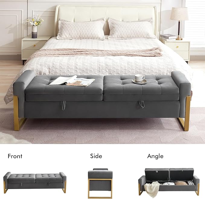 67" Storage Bench for Bedroom, End of Bed Bench King Size, Double Lids Ottoman Bench with Golden Legs Foot of Bed, Upholstered Velvet Storage Bench for Window Living Room Entryway, Dark Grey