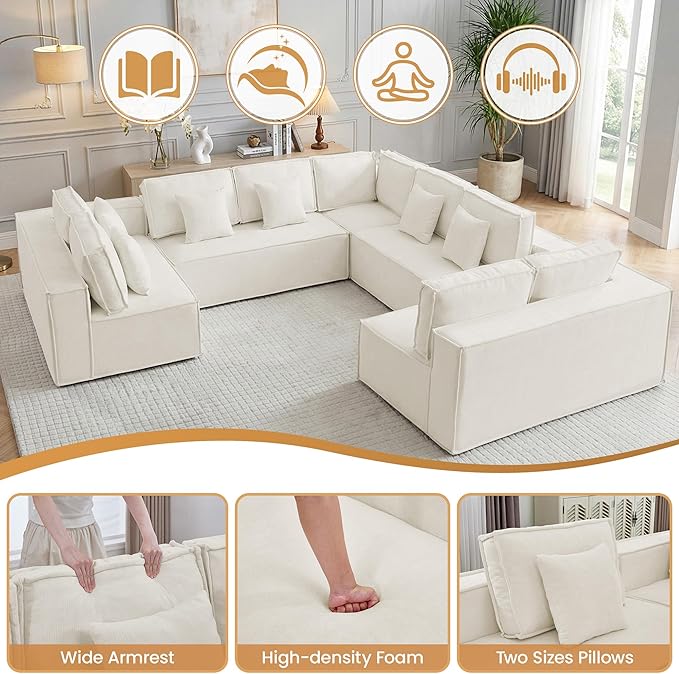 138'' Boneless Chenille U Shaped Couch, Oversized Modular Sectional 9 Seater Sofa, Modern Deep Seat Corner Cloud Compressed Couch, No Assembly Sleeper Sofa with Chaise for Living Room, Beige