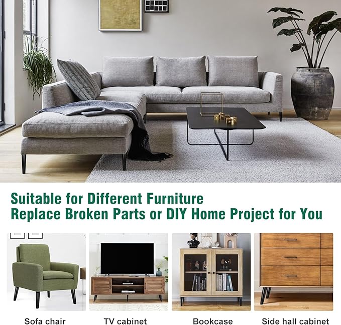 FoDau770 Black Rubber Wood Furniture Legs 12 Inches, Straight Tapered Wood Feet Mid Century Sofa Legs Set of 4, 5/16" UNC Furniture Feet for Cabinet Couch Dresser Chair Ottoman Table