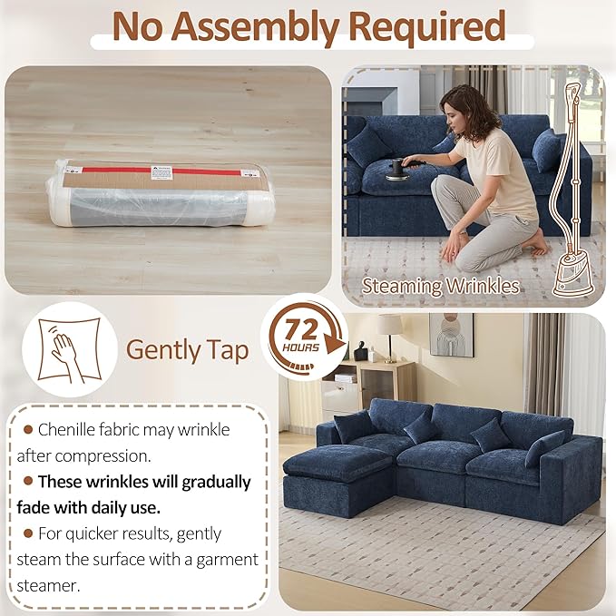 115''Cloud Boneless Sectional Couch, Modular Sectional Sofa Deep Seat with Ottoman, Oversized Upholstered Convertible Comfy 4 Seater Chenille Sofa L Shape Couches for Living Room, Navy
