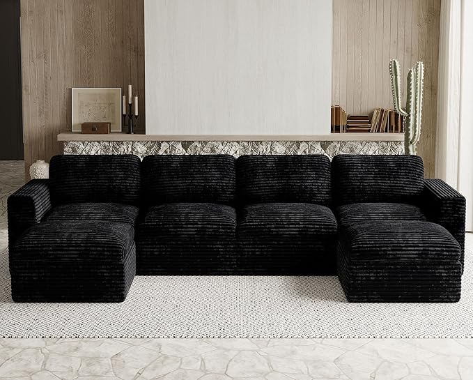 Cloud Sectional Couches for Living Room Plush Corduroy U Shaped Boneless Modular Sectional Sofa with Deep Seat. Black Couch.