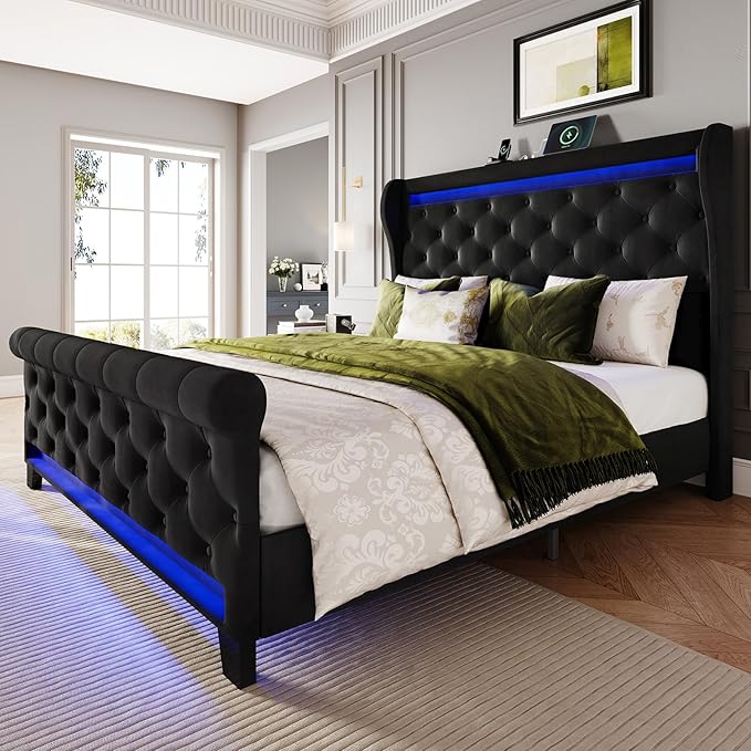 Belffin Queen Size Bed Frame with Headboard,50" Tall Headboard Upholstered Velvet Platform Bed with LED Lights & 2 USB Port/1 Type C Port, Button Tufted, No Box Spring Needed,Noise Free,Black