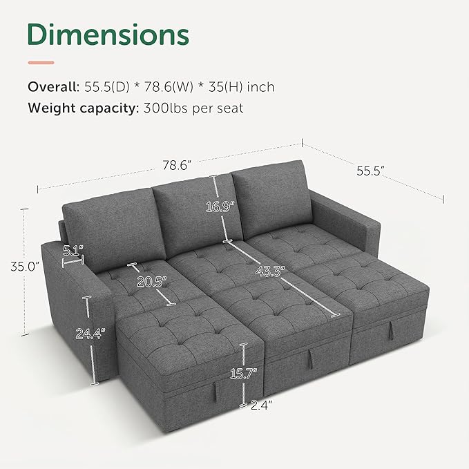 HONBAY Modular Sectional Couch Sleeper Sofa Bed with Storage Seats Oversized Sectional Couches for Living Room,Grey