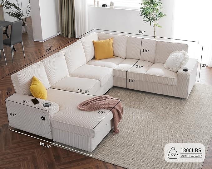 PaPaJet U Shaped Sofa, 7 Seater Sofa with USB Ports, Sectional Sofa Couch with Storage Chaise, Corduroy Beige