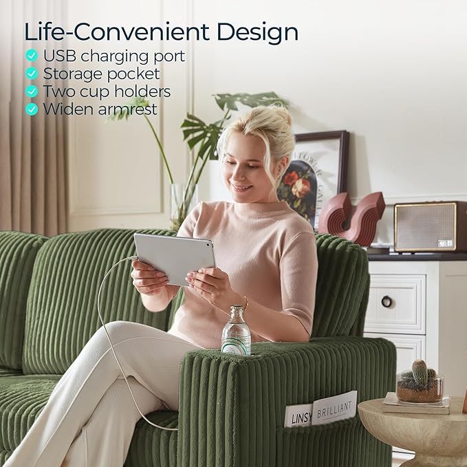 LINSY HOME Sectional Sleeper Sofa Pull Out Couches for Living Room (Green, Sleeper Sofa 4) | Pull Out Sofa Bed, Storage, USB Charging, Cup Holders, Plush Corduroy