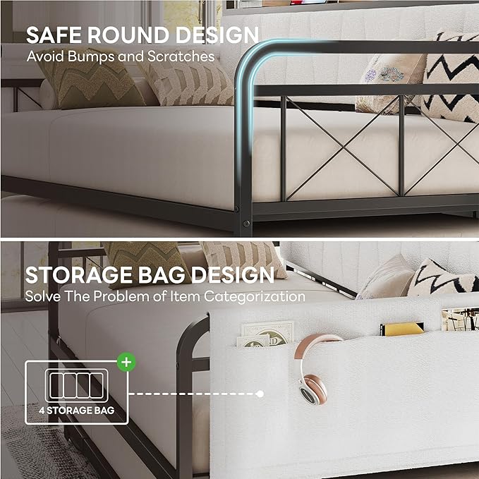 LIKIMIO Daybed with Trundle Bed, Twin Bed Frame with Storage Boucle Headboard and Charging Station, Sofa Day Bed with Strong Supports for Living Room, Bedroom, and Guest Room, Cream