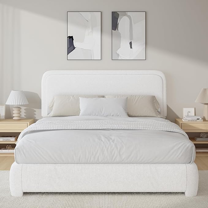 BarnFurin Full Size Bed Frame,Cloud Boucle Upholstered Platform Bed Frame with Headboard, Soft Rounded Corners, No Box Spring Required, Non-Slip and Noise-Free, Easy Assembly, White