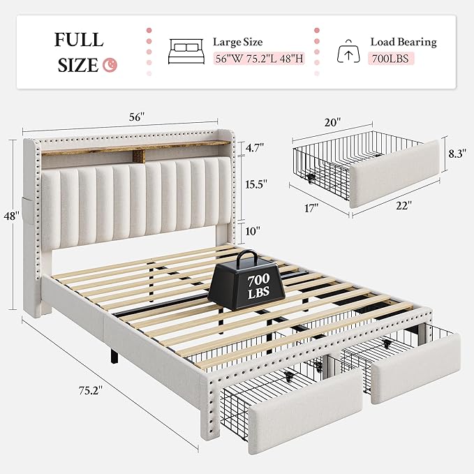 EnHomee Full Size Bed Frame, Upholstered Full Bed Frame with 2 Storage Drawers and 2-Tier Headboard, Vertical Tufted Headboard Design, Extra Storage Space for Bedroom Apartment, Beige