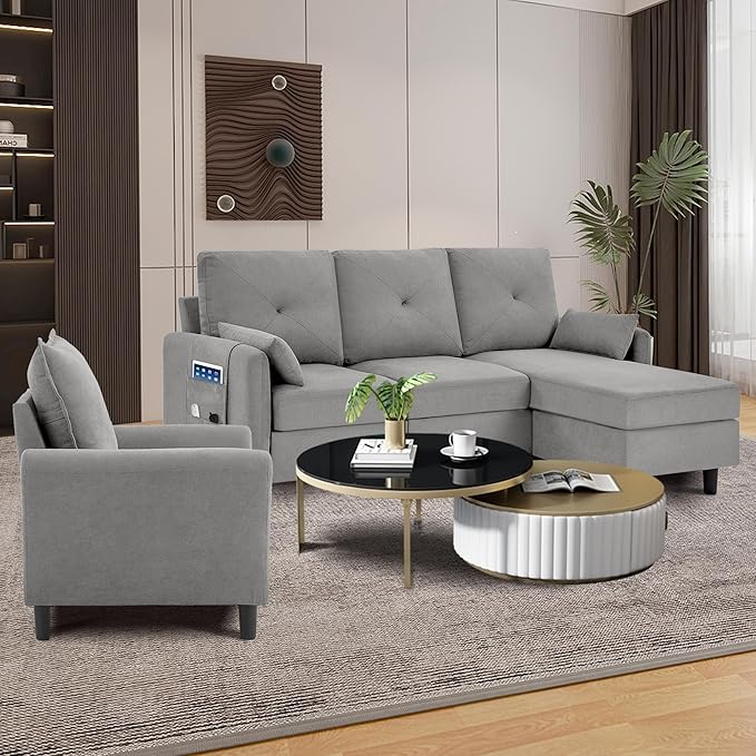 Convertible Sectional Sofa, 77" Small L Shaped 3 Seat Couch with Reversible Storage Chaise, and Accent Chair Set Modern Polyester Fabric Sofa Couches for Living Room, Apartment, Light Grey