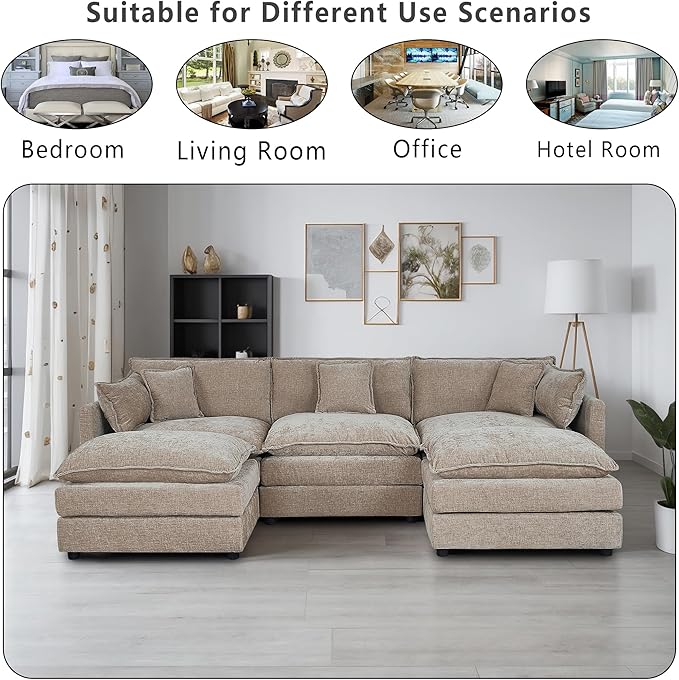 Setawix Deep 3 Seater Couch with Ottomans,112.2" U-Shaped Cloud Couches for Living Room,Chenille Cloud Sofa Couch with Deep Seat,Modular Sectional U Shape 3 Seat Sofa for Bedroom (Coffee, 3+2)