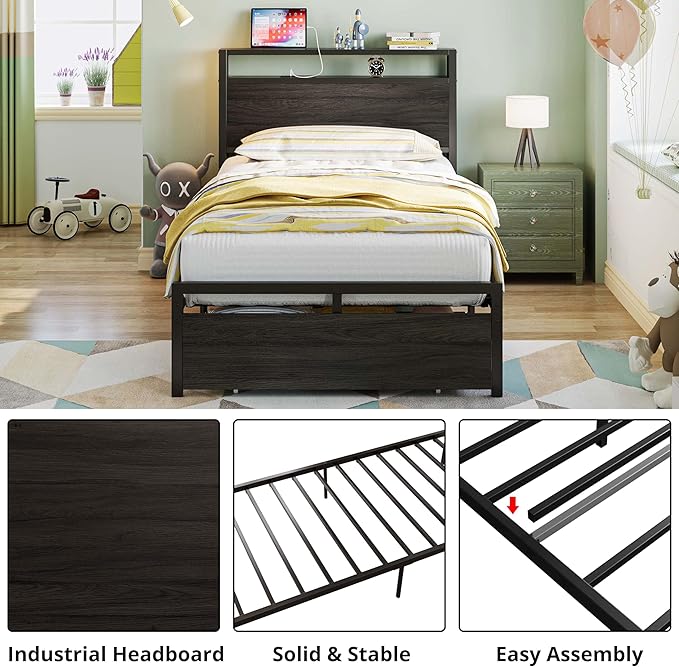 LIKIMIO Twin Bed Frames with Drawer, Storage Headboard with Outlets, No Box Spring Needed, Easy Assembly, Gray Black