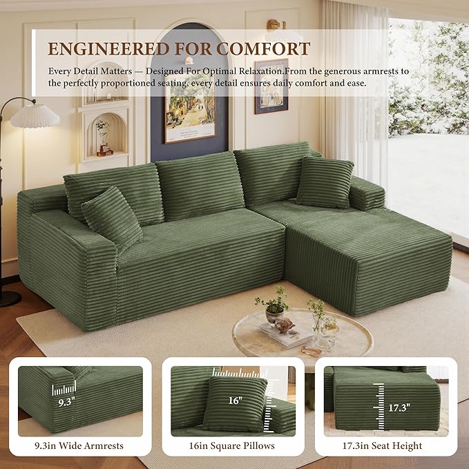96" Sectional Couches for Living Room Cloud Couch Sofa with L-Shape Upholstered Boneless Couchs Modern Modular Sectional Couch with Chaise (Green, 96" W+Right Facing Chaise+2Seaters)