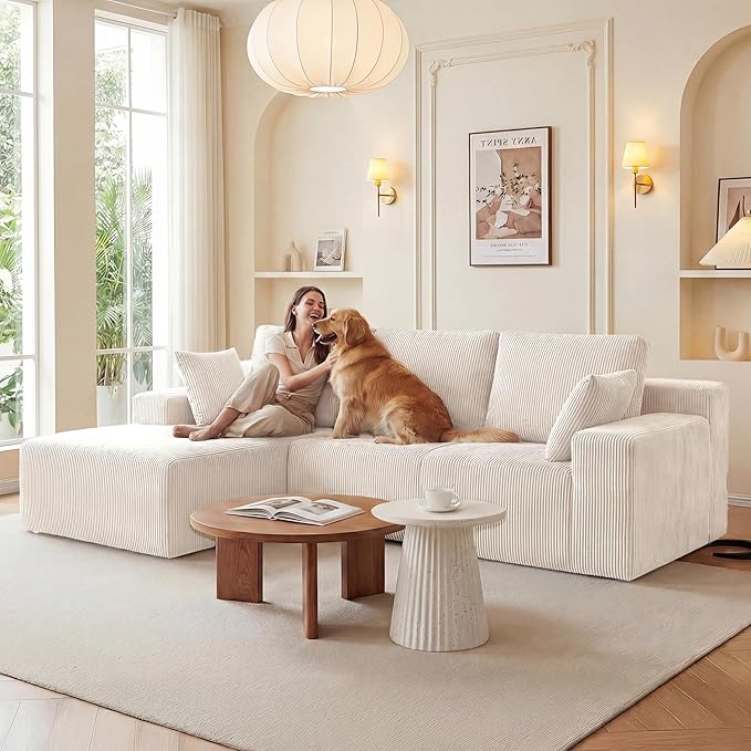Cloud Sectional Boneless Couches for Living Room, Modular L Shaped Couch with Deep Seat Oversized Left Facing Chaise, Memory Foam Compressed Spineless 3 Seater Sofa for Apartment, Beige | No Assembly Required, Deep Seat, Cat-Claw Resistant, Flexible Mo...