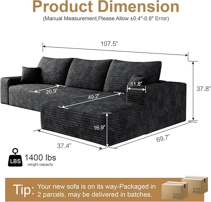 108" Sectional Couches for Living Room Cloud Couch Sofa with L-Shape Upholstered Boneless Couchs Modern Modular Sectional Couch with Chaise (Black, 108" Right Facing Chaise+2Seaters)