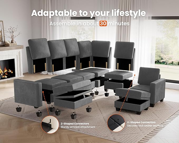CHIC HOUSE Middle Module for Modular Couch, Corduroy Customizable Chaise, Storage Ottoman for Sectional Sofa, Armrest, Single/Double Seater