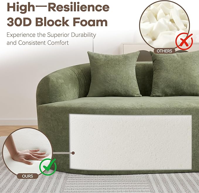 105.5" Boneless Curved Couch, L Shaped 4-Seater Cloud Couch with Deep Seat Chaise, Oversized Curved Sofa, Chenille Modular Sectional Couches for Living Room, No Assembly, Green