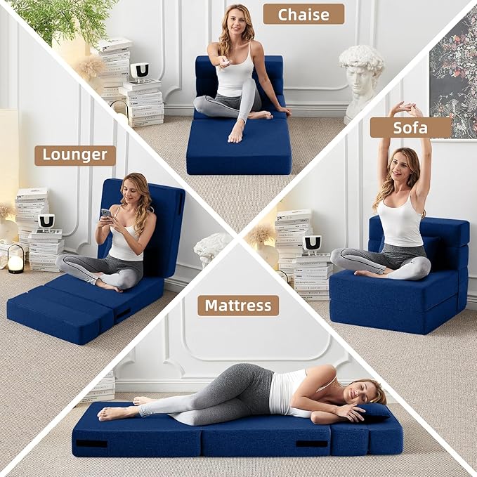 FILUXE Folding Sofa Bed | Convertible Sleeper Chair Bed for Adults, Fold Out Chair to Bed Linen Futon Chair with Pillow, for Home Dorm Apartment RV Living Room, Single Size Navy Blue