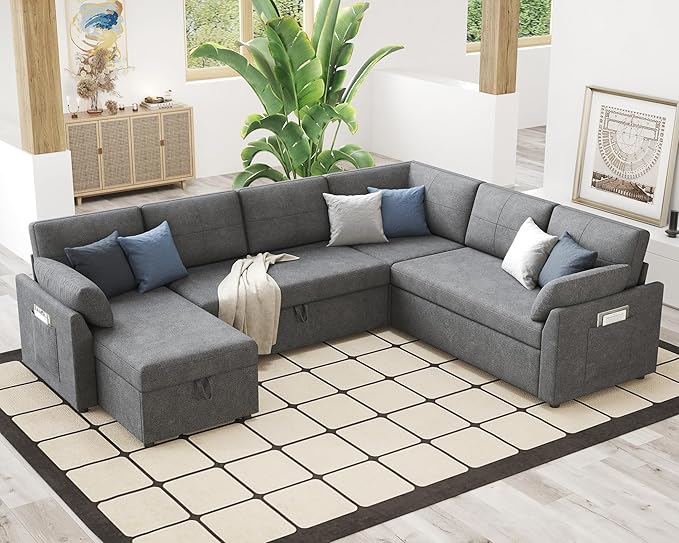 VanAcc Pull Out Sofa, 112 Inch Oversized U Shape Sleeper Sofa Couch with Storage Chaise & 3 Seater, Comfy Couch with Pull Out Bed for Living Room, Grey Linen