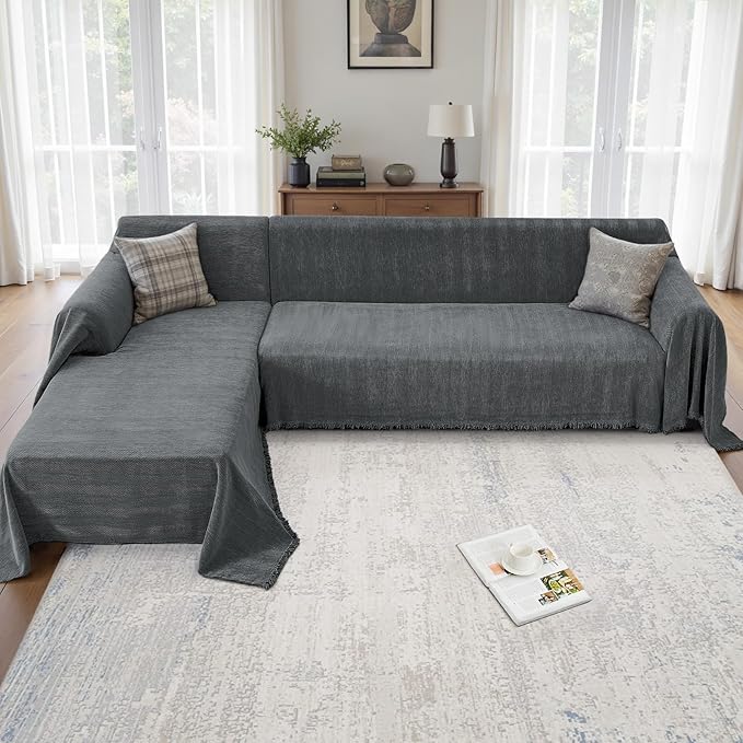 Sectional Couch Covers 2 Pieces, Chenille L Shaped Couch Cover Blanket for Sectional Sofa with Herringbone Pattern Washable Sofa Slipcovers (X-Large: 71" x 110" + 71" x 118", Dark Gray)