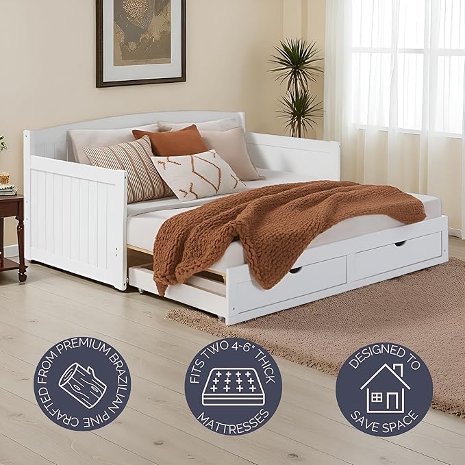 Alaterre Furniture Harmony Twin to King Daybed with Pop Up Trundle Bed - Solid Wood Twin Day Bed with 2 Pull-Out Storage Drawers and 400lb Capacity - For Kids, Guest Room, Living Room (White)