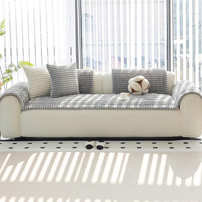 Sofa Couch Cover, Sofa Covers for Dogs Washable, Non-Slip Striped Sofa Slipcovers for Sectional Sofa, Sofa Cover Furniture Protector for L Shaped(Light Grey 27.6"x 82.7")