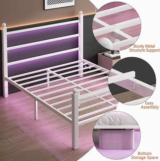 CLIBFENG Full Size Bed Frame with Headboard and Footboard,Steel Slats Support-LED Bed Frame with USB Charging Station,Mattress Foundation-Under Bed Storage,No Box Spring Needed,Noise Free,White