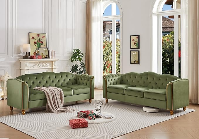 HITHOS 78" Velvet Sofa Couch, Soft 3 Seater Sofa Couche for Living Room, Button Tufted Comfy Couch Modern Sofa with Upholstered Cushion, Gold Trim, Solid Wood Legs for Dorm Bedroom Apartment, Green