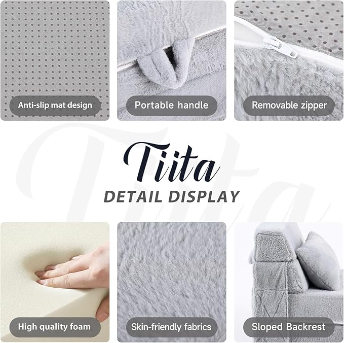 Tiita Convertible Folding Kids Sofa Bed with Pillow & Storage Bag, Plush Fabric Floor Mattress Couch Bed, Washable Cover, Kids Room, Playroom, Dorm, Apartment, White Grey