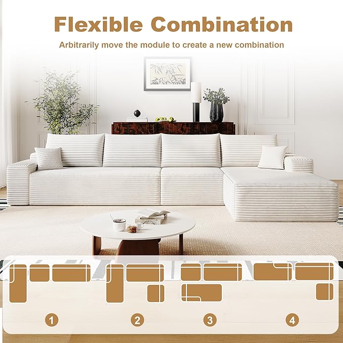 136" Sectional Couches for Living Room Cloud Couch Sofa with L-Shape Upholstered Boneless Couchs Modern Modular Sectional Couch with Chaise (White, 136" Right Facing Chaise+3Seaters)