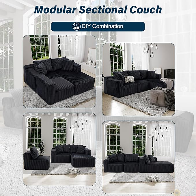 3 Seater L Shaped Sofa with Deep Seat, 101" Cloud Sectional Couch with Chaise, Cozy Modular Couches Sleeper, Oversized Corduroy Sofa for Living Room Bedroom Apartment, Black