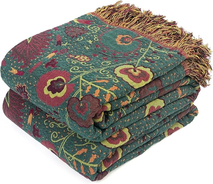 Boho Throw Blanket for Bed 100% Cotton Soft Lightweight Quilt Home Decor Spring Bed Blanket,Floral Embroidery Reversible All Season Bohemian Breathable Twin Throws for Sofa Couch Chair 60"x80"