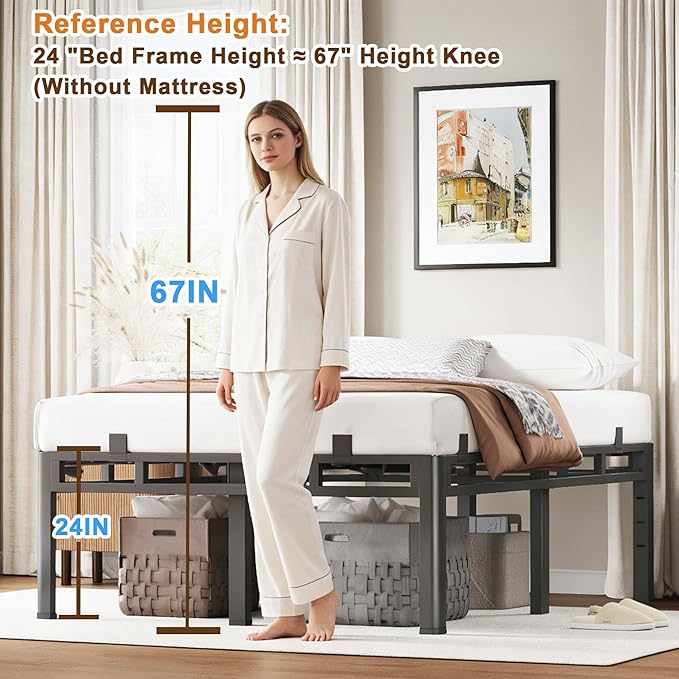 ROIL 24 Inch Twin XL Bed Frame, Metal Bed Frame & Box Spring 2 in 1 Platform with Round Corner Legs, 4000LBS Double Layer Bed Frame with Headboard Holes Mattress Baffles, Noise-Free Easy Assembly