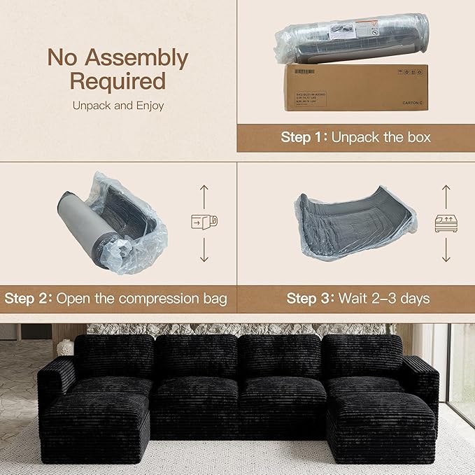 Cloud Sectional Couches for Living Room Plush Corduroy U Shaped Boneless Modular Sectional Sofa with Deep Seat. Black Couch.