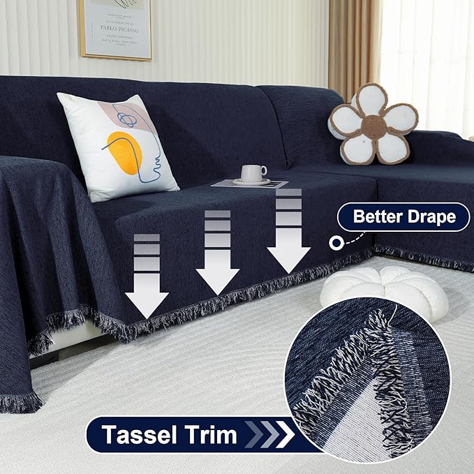 OstepDecor Sectional Couch Covers 2 Pieces, L Shaped Sofa Cover, Chenille Couch Cover for Dogs Washable, Couch Cover Blanket, Sofa Slipcover for 2-3 Cushion Couch (71"x102"+71"x118", Navy Blue)