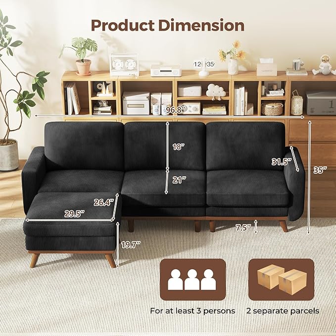 Vesgantti 97" Modular Sectional Sofa Black, L-Shaped Couch with Movable Ottoman, Comfy Corduroy Couch with Spring Cushion, Modular Sofa with Deep Seat for Living Room, Bedroom and Apartment