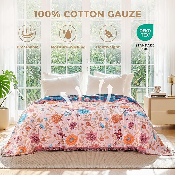 LUTBM Boho Throw Blanket for Bed Cotton Spring Blankets Twin Size for Bedroom Living Room All Season Lightweight Floral Butterfly Embroidery Quilt for Couch Sofa Chair 60"x80" Home Decor