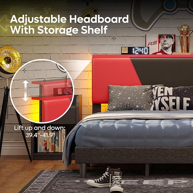 Bestier Gaming Bed Frame Queen Size Black & Red with RGB LED Lights Adjustable PU Leather Headboard Storage Shelf with USB Ports Sturdy PB Construction No Box Spring Needed Modern Industrial Design