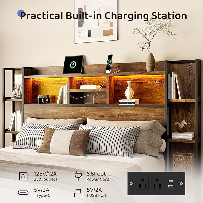 BRELTAM Queen Size Bed Frame with 4 Storage Drawers and Headboard Featuring Shelf Storage, Wooden Platform Bed Frame with LED Lights and Charging Station, Easy Assembly/No Box Spring Needed/Brown