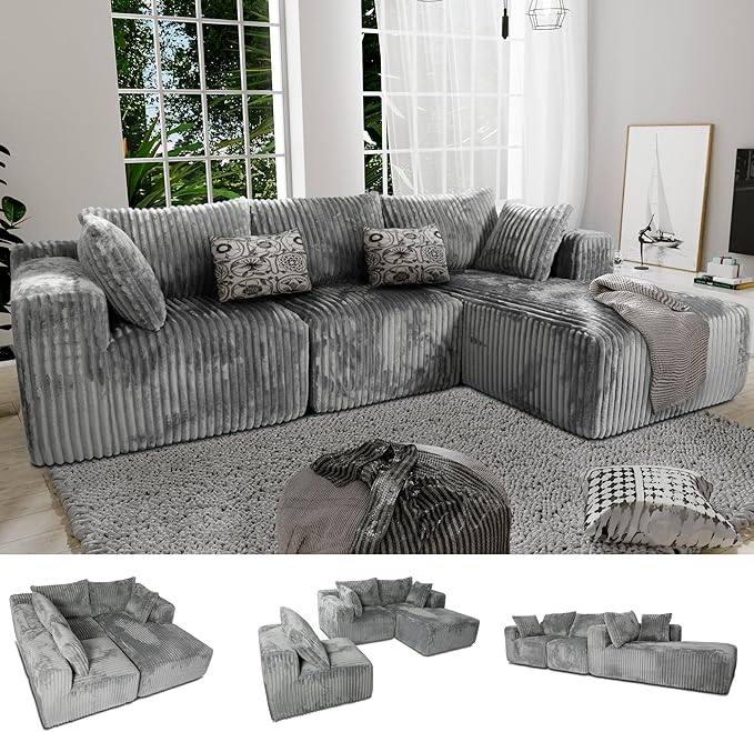 3 Seater L Shaped Sofa with Deep Seat, 101" Cloud Sectional Couch with Chaise, Cozy Modular Couches Sleeper, Oversized Corduroy Sofa for Living Room Bedroom Apartment, Pale Gray