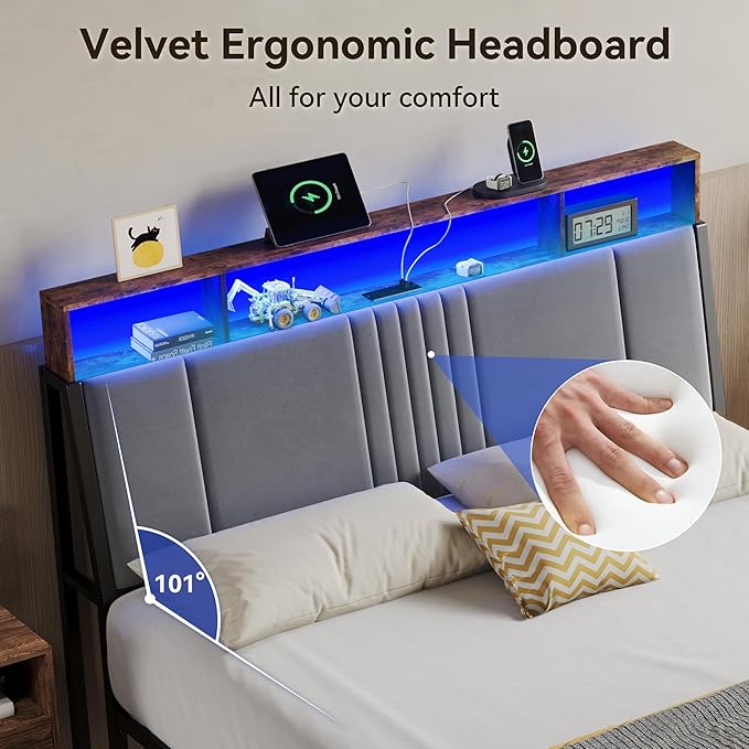 BedsPick Twin Bed Frame with Headboard, Metal Platform Bed Twin Size with 2-Tier Storage and Ergonomic Velvet Headboard, Charging Station, Smart LED Lights, Easy Assembly, No Box Spring Needed