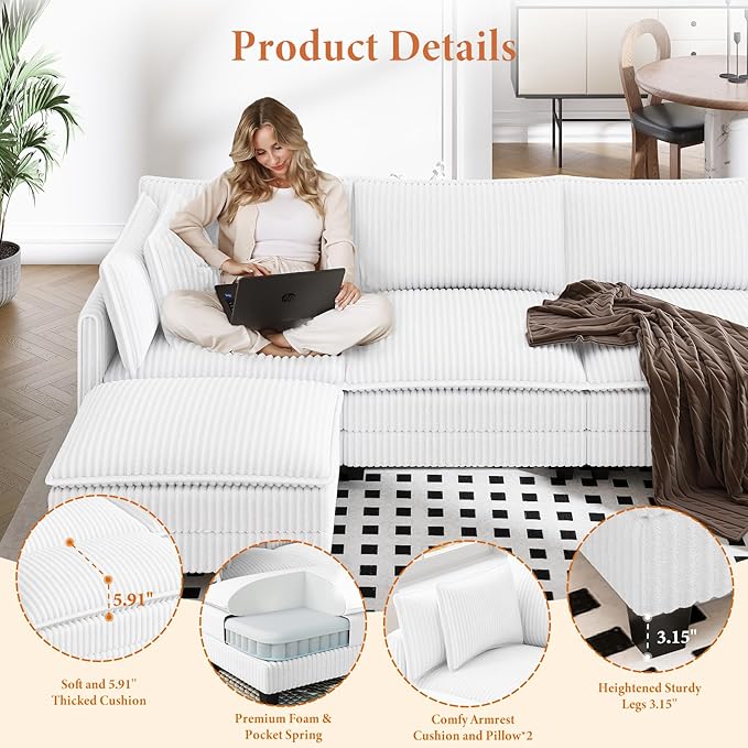 Vesgantti 143" U Shaped Sectional Modular Couch, Comfy Corduroy Upholstered Modular Cloud Sofas for Living Room, Modern Sectional Sofa with 2 Ottoman Deep Seat, Warm White