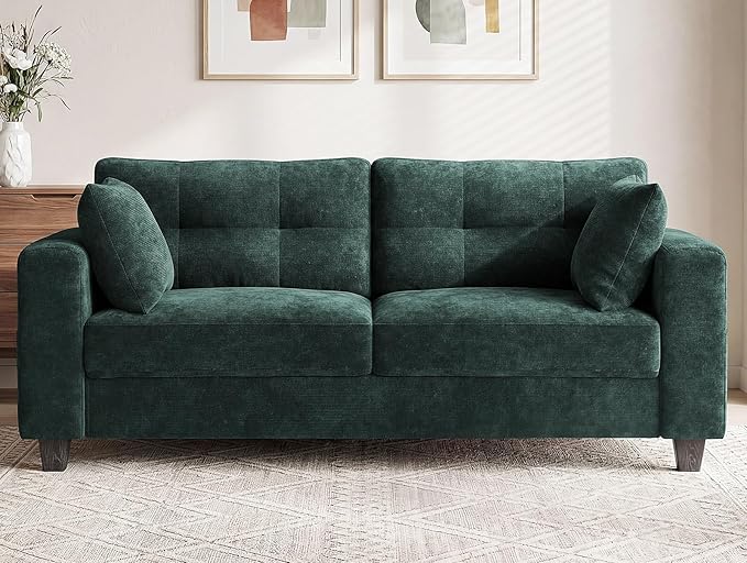 70" Loveseat Sofa for Living Room, Modern Chenille Cloud Couch with USB/Type-C Charging Ports, Side Pockets, Removable Cover, Wide Armrests, Small Couch for Small Space, Easy Assembly, Green