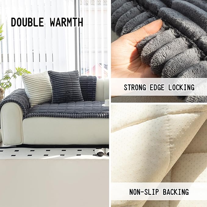 Sofa Couch Cover, Sofa Covers for Dogs Washable, Non-Slip Striped Sofa Slipcovers for Sectional Sofa, Sofa Cover Furniture Protector for L Shaped(Dark Grey, 27.6"x 82.7")