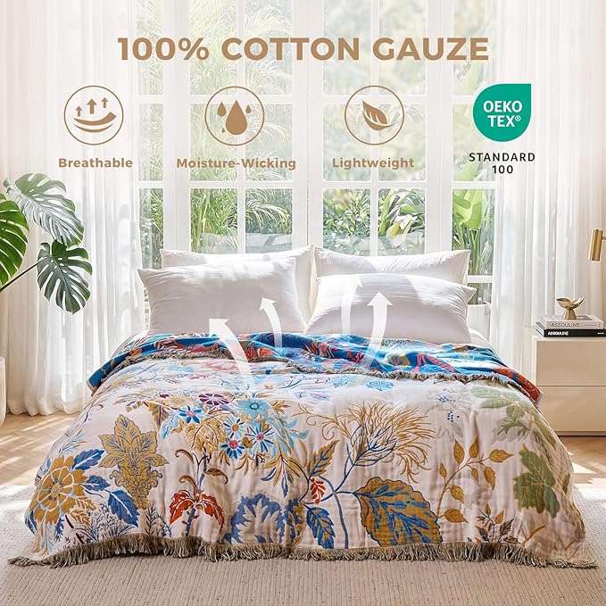 LUTBM Boho Throw Blanket for Couch Sofa Chair Cotton Spring Blankets for Bedroom Living Room All Season Soft Lightweight Reversible Floral Embroidery Decorative Throws 50"x60" Home Decor