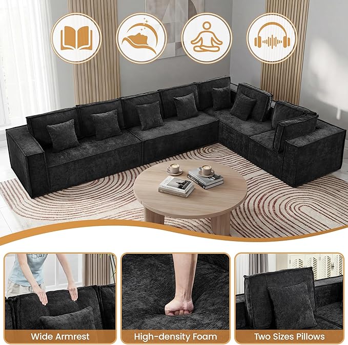 167'' Boneless Chenille L Shaped Couch, Oversized Modular Sectional 7 Seater Sofa, Modern Deep Seat Corner Cloud Compressed Couch, No Assembly Sleeper Sofa with Chaise for Living Room, Black