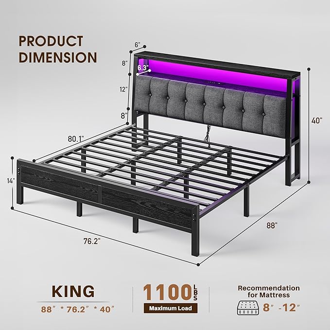 Homkdom King Size Bed Frame with Smart LED Lights, Upholstered Headboard with Charging Station Type C, Metal Platform with 12" Under-Bed &2-Tier Storage Shelves, No Sliding, Noiseless, Black