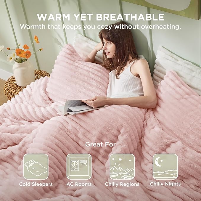 Bedsure King Comforter - GentleSoft™ 3 Pieces Double-Side Fleece Fluffy Pink Comforter Set, Cozy Striped Room Decor Aesthetic, Luxury King Size Bedding with 2 Pillowcases, 104x90 Inches