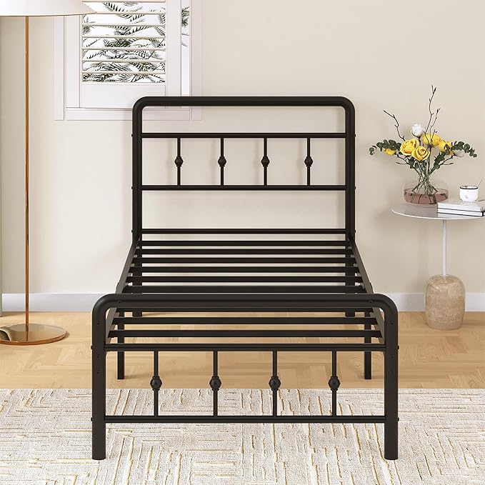 Richwanone 14 inch Twin Bed Frame with Headboard and Footboard, Heavy Duty Metal Bed Frame Victorian Style, No Box Spring Needed, Easy Assembly, Black