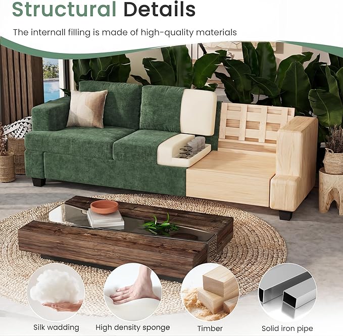 YOUDENOVA 2 Piece Set Comfy Sofa Couch, 3-Seater Sofa * 2 with Deep Seats, Modern Sleeper Couch for Living Room, Green Chenille